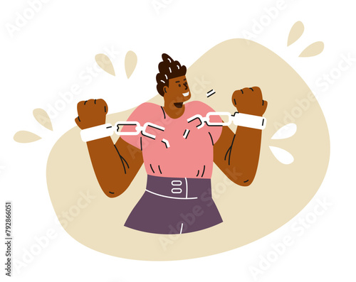 Vector illustration activist with clenched fists breaks the handcuff chain in solidarity against discrimination