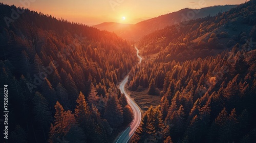 An idyllic autumn morning on a secluded mountain road, with the first rays of the sun breaking over the horizon. The road meanders through a landscape dotted with deciduous trees.