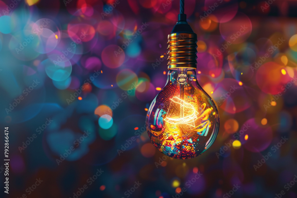 A solitary lightbulb hangs suspended from the ceiling, its filament glowing softly with a warm, golden light. Around the lightbulb, a flurry of colorful thought bubbles and abstract shapes A solitary lightbulb hangs suspended from the ceiling, its filament glowing softly with a warm, golden light. Around the lightbulb, a flurry of colorful thought bubbles and abstract shapes