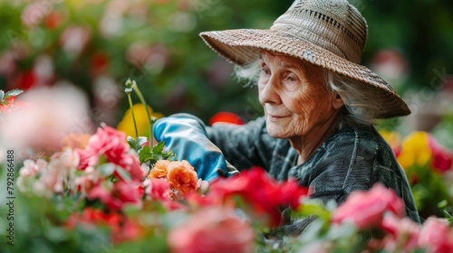 Elderly woman tenderly caring for her vibrant garden full of colorful flowers