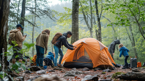 Family and friends setting up a tent in a lush forest campground, embracing the essence of outdoor adventure