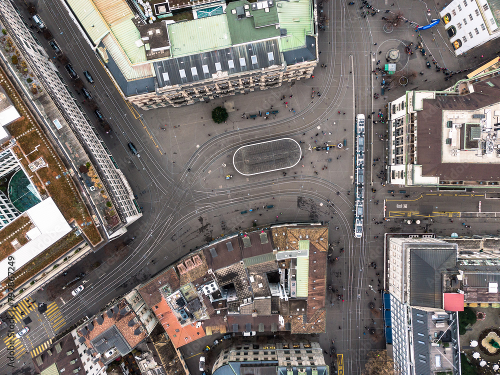 Zurich, Switzerland: Aerial top down view Zurich business and financial district centered around the Paradeplatz square and the old town in Switzerland largest city.