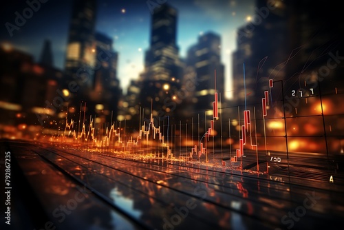 Financial stock market graph and candlestick chart on night city background. Investment and trading concept. Double exposure