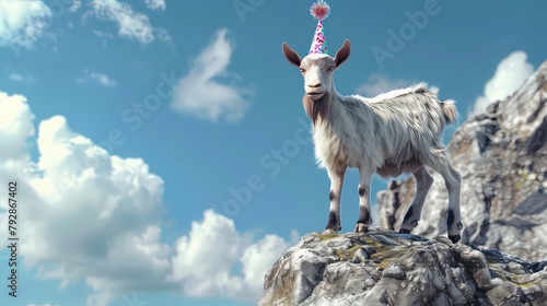 One cheeky goat climbing on top in mountain sky blue background  sheep  Eid ul Adha