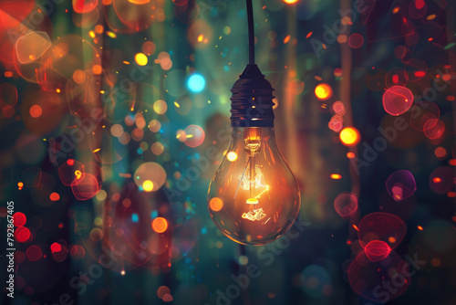 A solitary lightbulb hangs suspended from the ceiling, its filament glowing softly with a warm, golden light. Around the lightbulb, a flurry of colorful thought bubbles and abstract shapes photo
