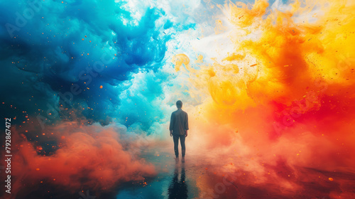 Artist's silhouette with a vibrant explosion of colors depicting creativity and imagination photo