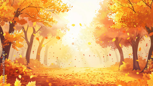 Beautiful autumn landscape with yellow trees and sun. © Hassan