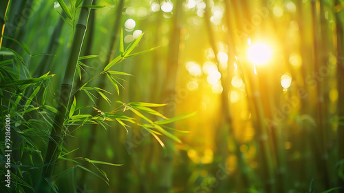 Tranquil bamboo forest bathed in soft sunlight  depicting serenity and natural beauty