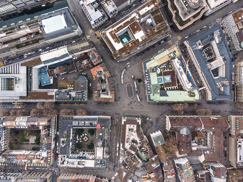 Zurich, Switzerland: Aerial top down view  Zurich business and financial district centered around the Paradeplatz square and the old town in Switzerland largest city.