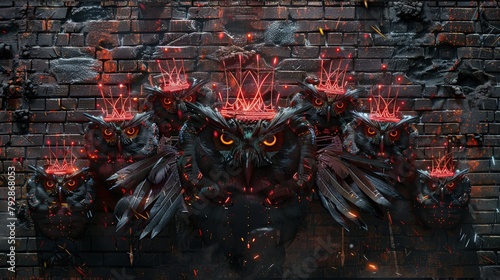 A striking image of an owl, its feathers detailed in shades of brown and white, sitting calmly on a ledge against a dark brick wall. Above its head, a crown made of intricate neon lights glows vibrant