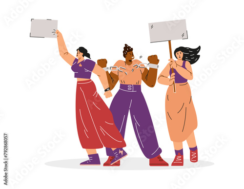 Multicultural people demonstration with agitation posters, breaks the chain, protesting with placards, solidarity unity