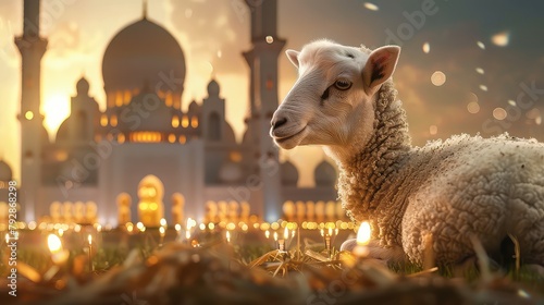 Eid al-Adha composition  Sheep looking at camera in front of the mosque at sunset and lots of sheep feeding in the background at sunset  Eid ul adha