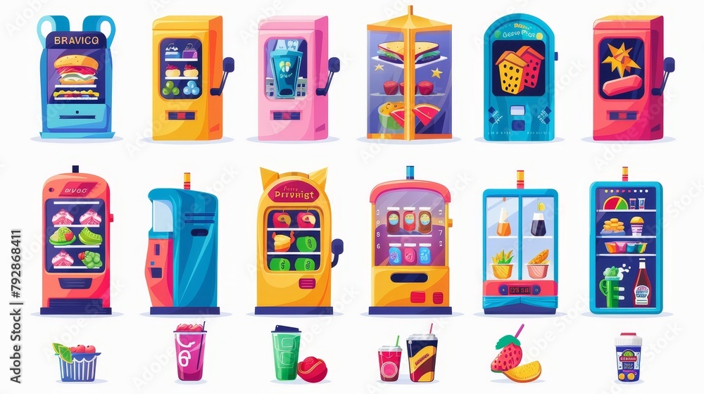 A fruit, coffee, sandwich, and juice dispenser for the bar or parking lot. Convenience device to sell healthy products from a slot clipart set.