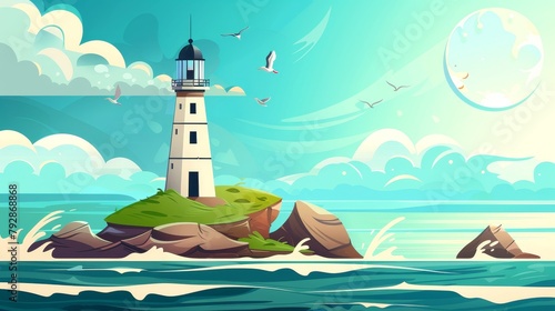 Modern illustration of lighthouse building on sea island with beacon tower on green rock surface, waves covering the water surface, birds flying in the sky in cloudy blue sky.