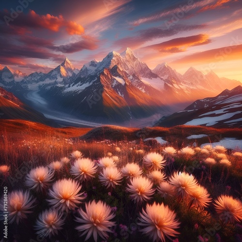 montagna al tramonto con fiori photo