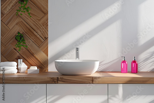 Modern minimalist bathroom, white basin on wooden countertop, pink bottles sunlight.