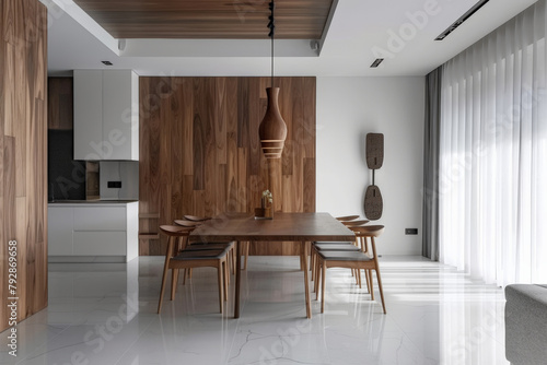 Spacious Modern Dining Room with Wooden Furnishings and Elegant Decor in Apartment Interior © zakiroff