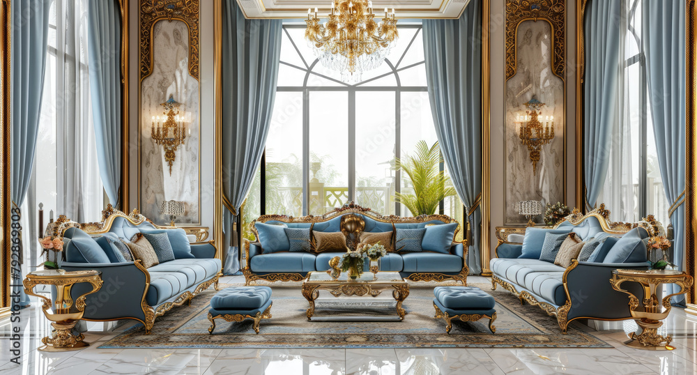 Obraz premium interior design of a modern luxury living room in an Arabic style with a golden and blue color theme, a gold chandelier, cream white curtains, a light grey marble floor, wooden furniture