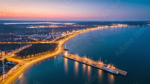 Amazing aerial landscape of Gdynia by the Baltic Sea at dusk. Poland