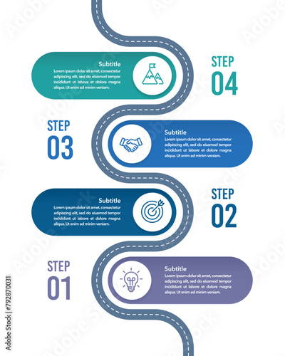 4 Process Infographic Roadmap Design Template. Milestone, Timeline, Steps and Option to success. Vector illustration.