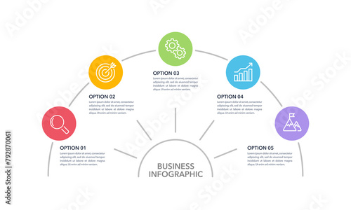 Infographic semicircle 5 processes to success. Business presentation, Timeline and Milestone. Vector illustration.