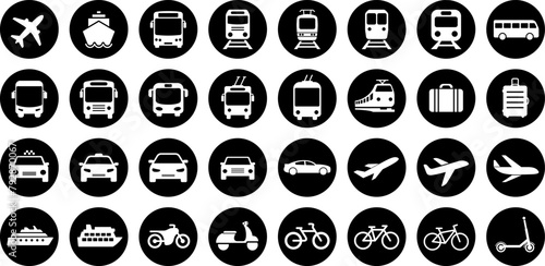 Bus, tram, trolleybus, subway, train, ship, bicycle and car icons as symbols of transport