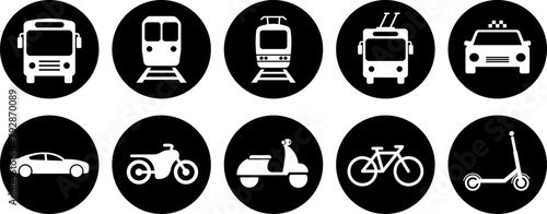 Bus, tram, trolleybus, subway, scooter, moped, bicycle and car icons as symbols of city transport