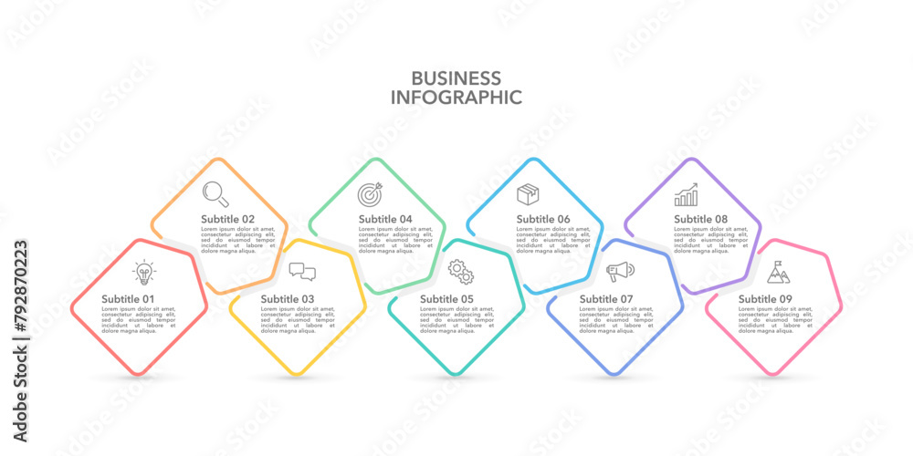 Infographic timeline design template. 9 process to success. Business presentation, Milestone. Vector illustration. Infographic timeline design template. 9 process to success. Business presentation, Milestone. Vector illustration.