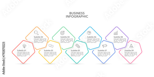Infographic timeline design template. 9 process to success. Business presentation, Milestone. Vector illustration. photo