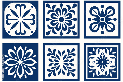 Mediterranean tile abstract geometric floral patterns in blue and white. Vector illustration