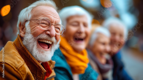 Joyful seniors laughing together in a group outdoors
