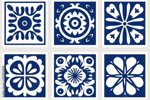 Mediterranean tile abstract geometric floral patterns in blue and white. Vector illustration