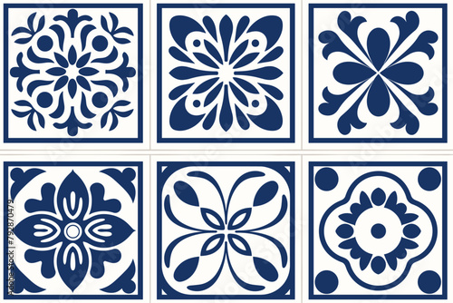 Mediterranean tile abstract geometric floral patterns in blue and white. Vector illustration