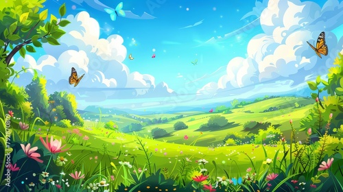 Modern illustration of spring sunny scenery with butterflies flying above green grass on hills, trees, and bushes, fluffy white clouds in blue sky.