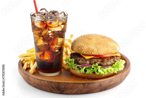 Burger with fries on white background.