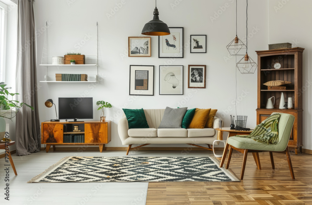 Fototapeta premium Photo of a modern living room with midcentury furniture, white walls adorned in the style of black and grey framed art prints on the wall above the sofa, a vintage wooden cabinet near the TV setup
