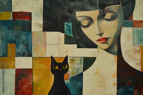 Portrait of woman and cat, cubism style painting, AI generated © DejaReve