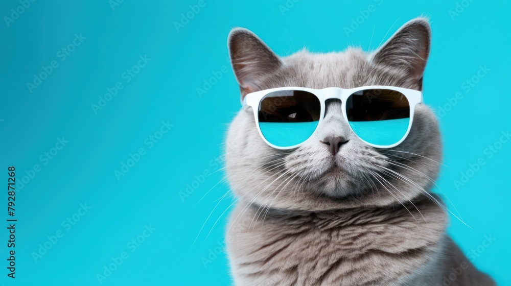 funny grey cat wearing sunglasses isolated on blue background