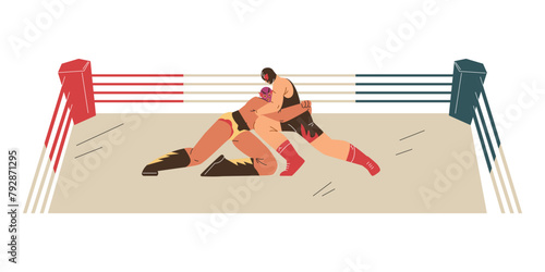 Vector image of wrestling wrestlers in a duel in the ring, demonstrating the techniques of freestyle and Greco-Roman wrestling.