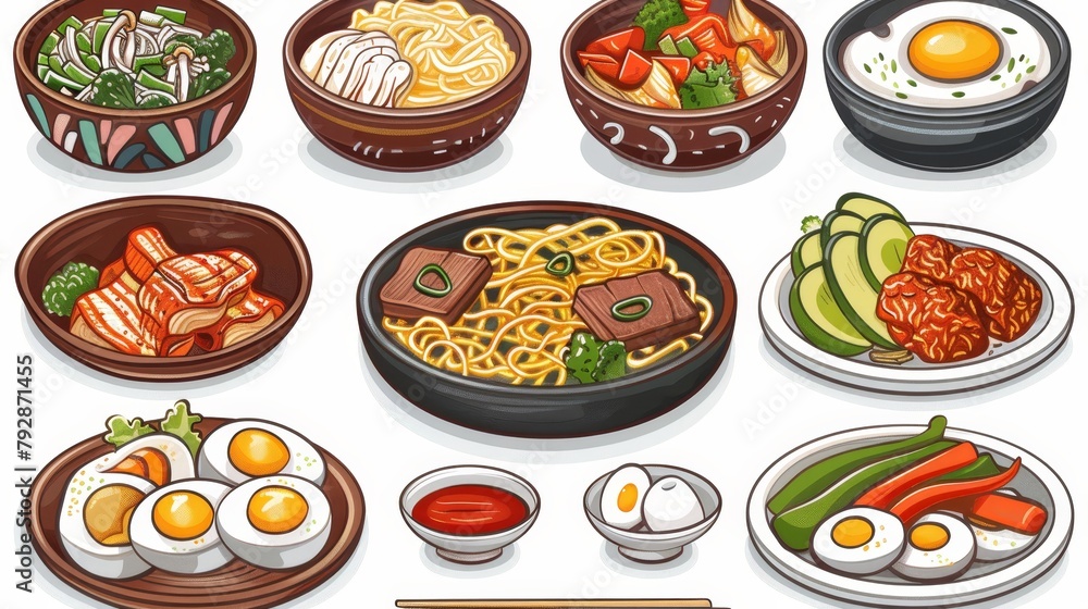 Typical Korean food set isolated on a white background. Modern illustration featuring spicy meat, eggs, vegetables, noodles and wooden chopsticks in bowls. Typical Korean food set isolated on a white background. Modern illustration featuring spicy meat, eggs, vegetables, noodles and wooden chopsticks in bowls.