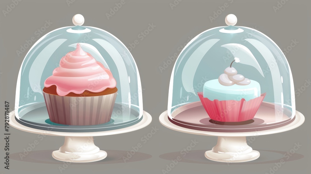 Crystal cloche for displaying cupcakes or pies on a table. Glassware set with bell lid for kitchen exhibitions that features a 3D realistic glass dome stand for cakes. Crystal cloche for displaying cupcakes or pies on a table. Glassware set with bell lid for kitchen exhibitions that features a 3D realistic glass dome stand for cakes.