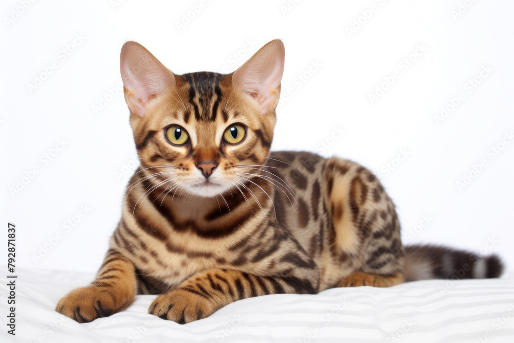 alert Bengal cat with striking coat patterns lying on white bedding