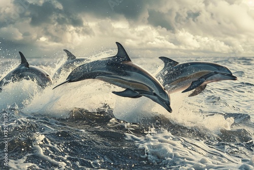 A pod of dolphins leapt out of the ocean.