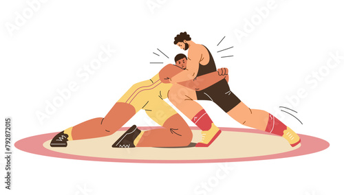 Two strong wrestlers men fighting in sportwear, vector cartoon Greco Roman wrestling battle, sport game competition