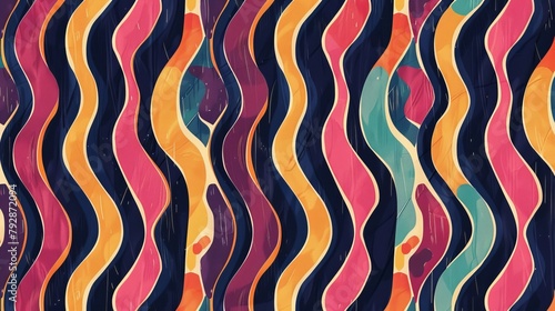 The retro seamless pattern has vertical stripes, lines, and curls in colors.