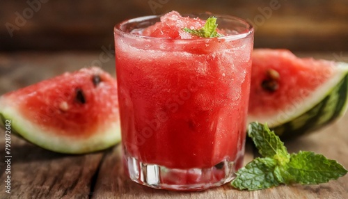 Watermelon juice on wooden background. Macro, Closeup. 