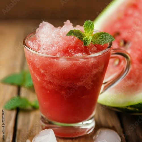 Watermelon juice on wooden background. Macro, Closeup. 