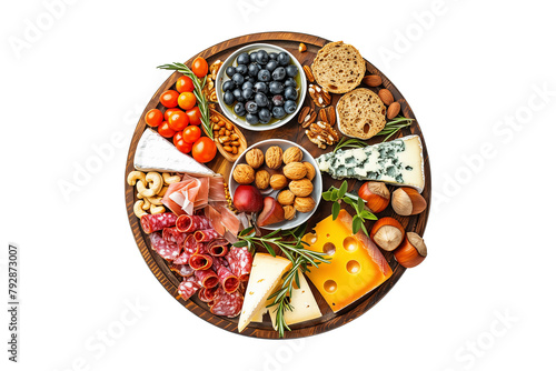 Top view of a round gourmet fancy charcuterie board isolated on transparent background, assortment of yummy food and tapas snack party, png file
