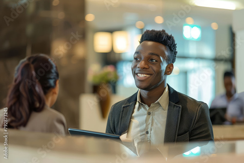 A cheerful African American gentleman engages in conversation with the hotel receptionist while efficiently completing registration paperwork at the front desk.