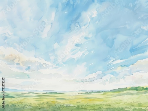 A pastoral watercolor shows a rolling meadow under a vast sky  with broad strokes of light blues and soft greens suggesting space and tranquility